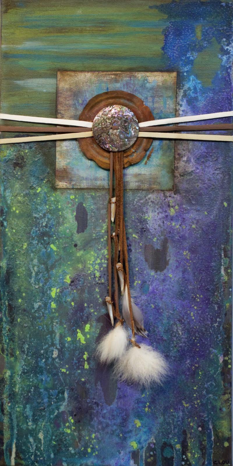 Solace, mixed media on canbas, natural & altered materials by Cindy Fuerstenberg of Pine City, MN
