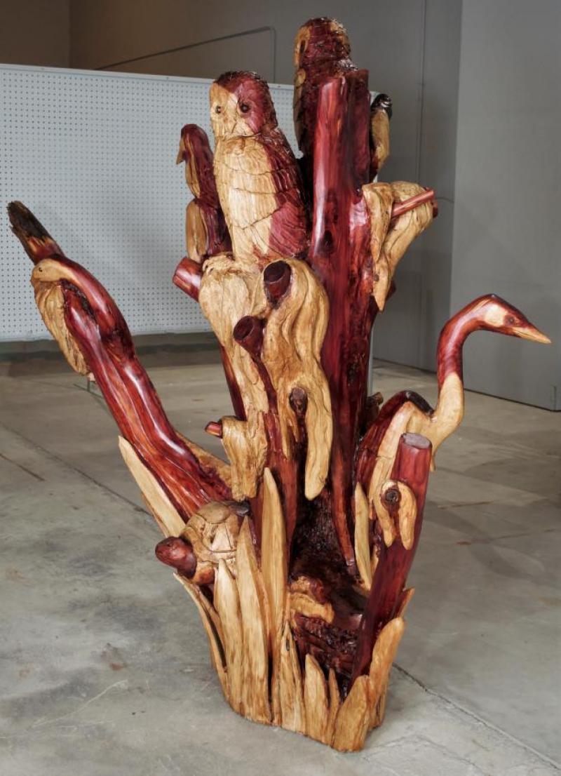 Swamp Life, cedar sculpture by Perry Carlson of Pine City, MN