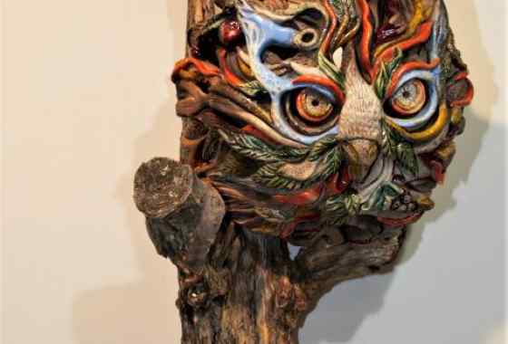 The Kn"owl"edge Tree, handbuilt ceramic sculpture by Julie Bjerke of Hinckley, MN